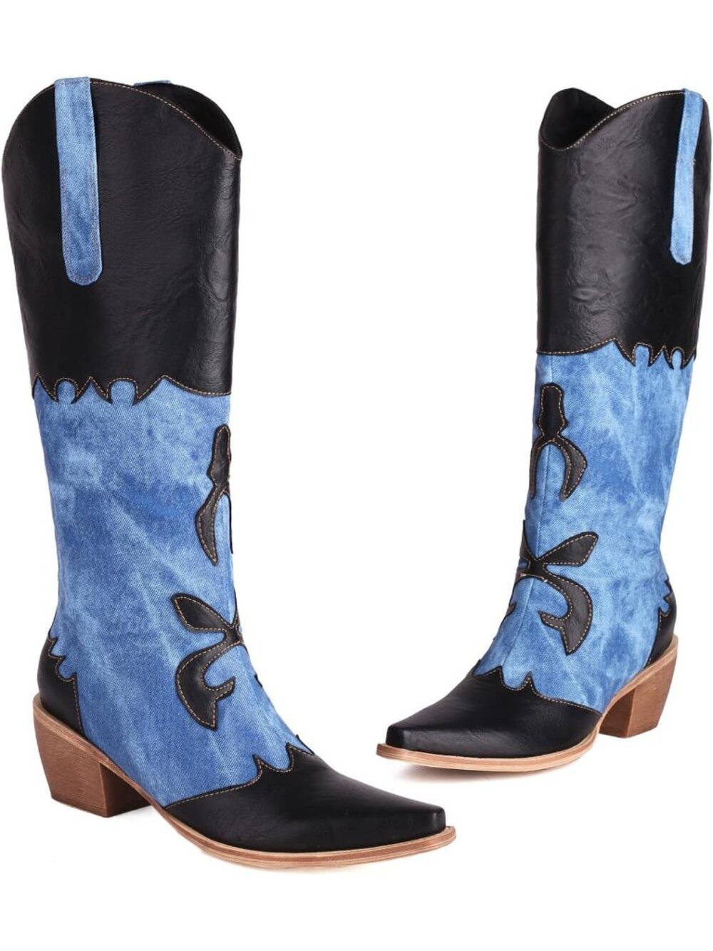 Women's Black Denim Mid Calf Western Cowboy Boots Patchwork Knee High Boots